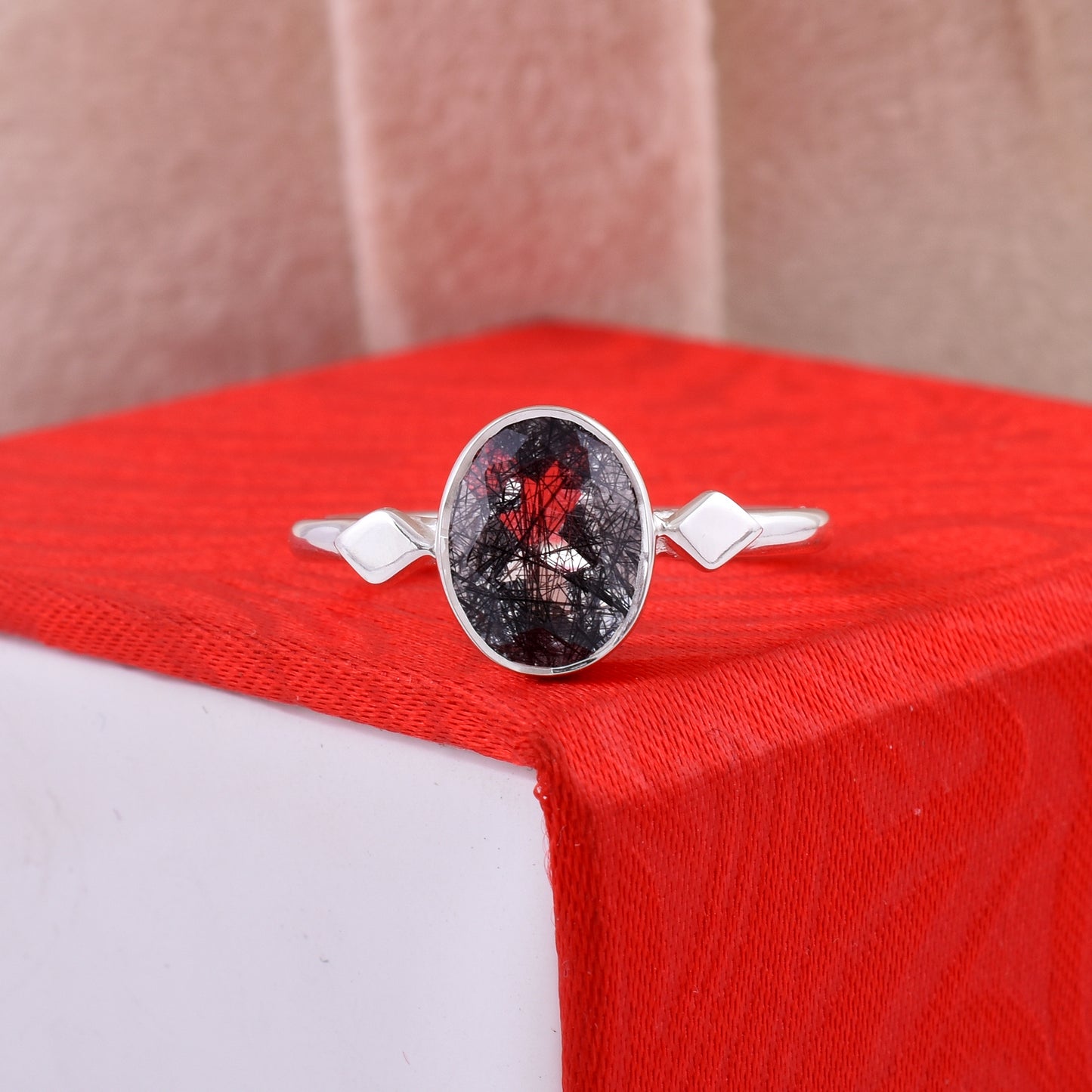Black Rutile Gemstone Ring Handmade Silver Jewelry - SilverForestaa