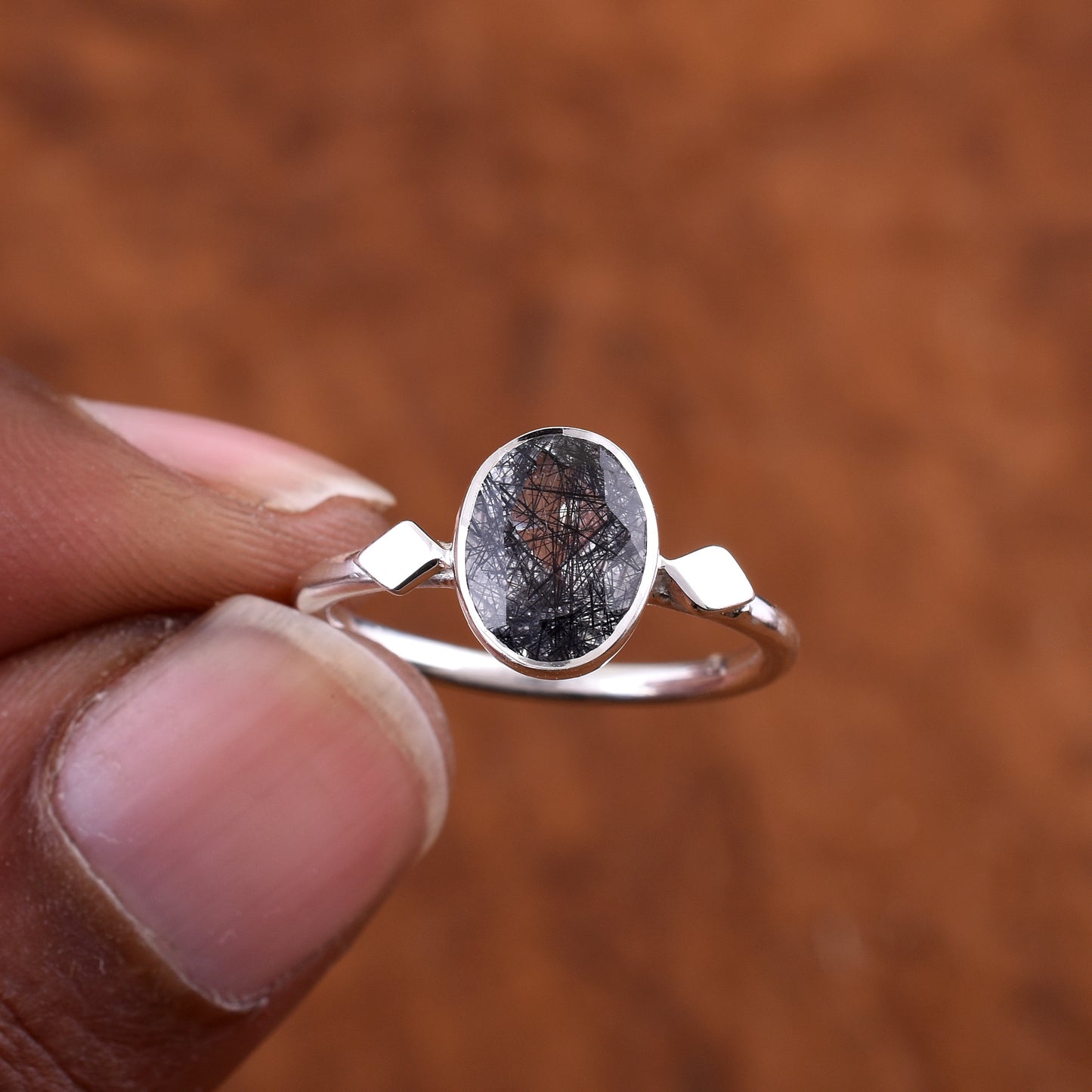 Black Rutile Gemstone Ring Handmade Silver Jewelry - SilverForestaa