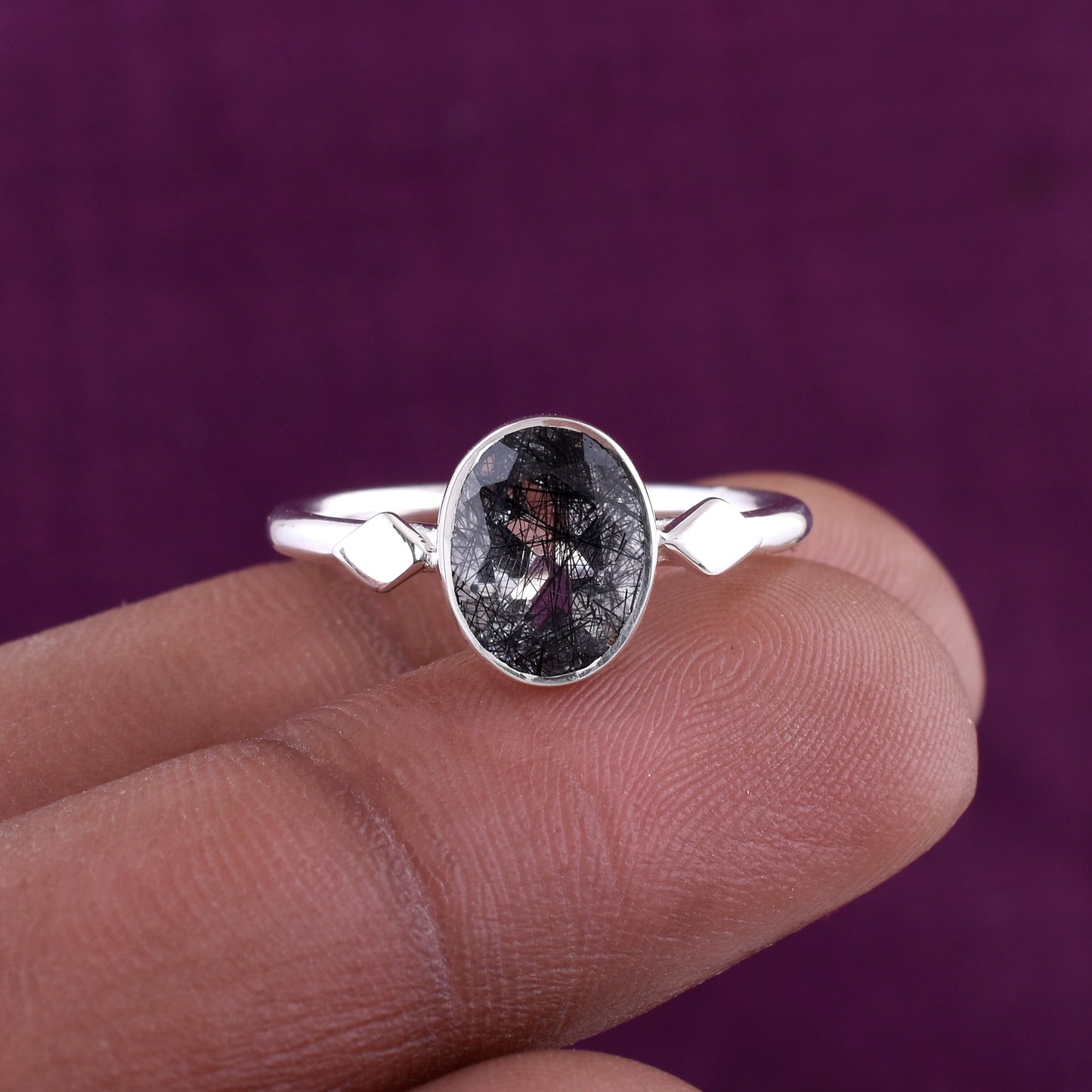 Black Rutile Gemstone Ring Handmade Silver Jewelry - SilverForestaa