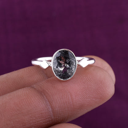 Black Rutile Gemstone Ring Handmade Silver Jewelry - SilverForestaa