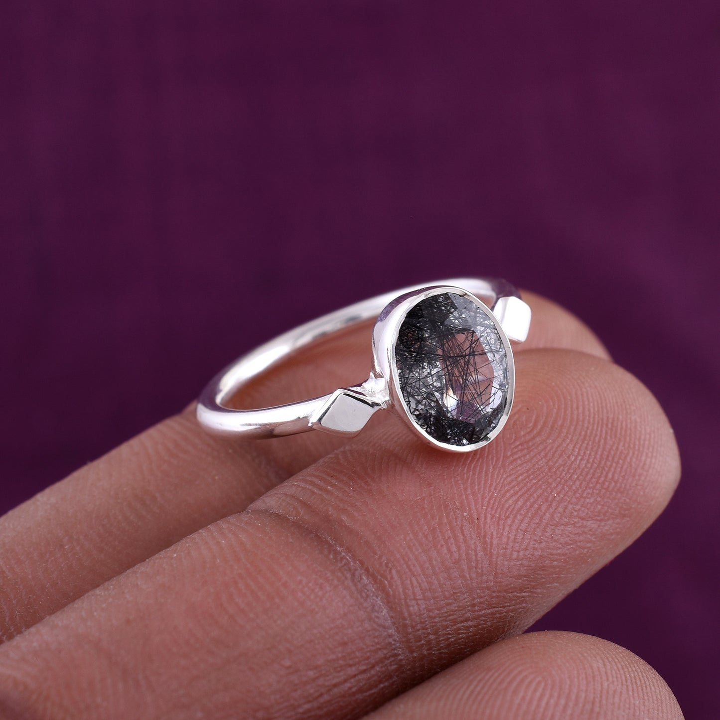 Black Rutile Gemstone Ring Handmade Silver Jewelry - SilverForestaa