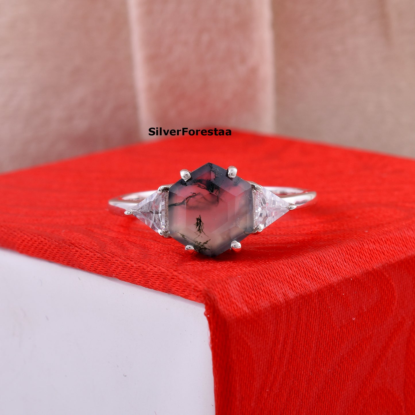 Moss Agate Gemstone Ring Handmade Boho Style