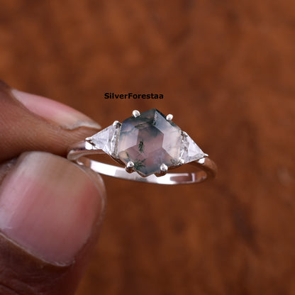 Moss Agate Gemstone Ring Handmade Boho Style