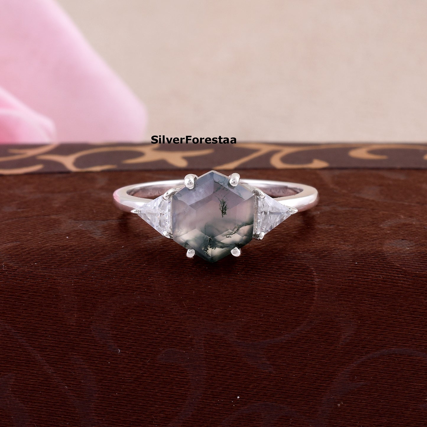 Moss Agate Gemstone Ring Handmade Boho Style