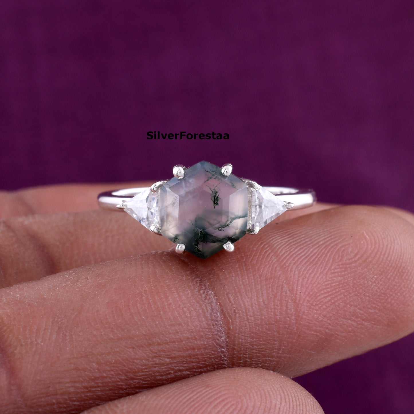Moss Agate Gemstone Ring Handmade Boho Style