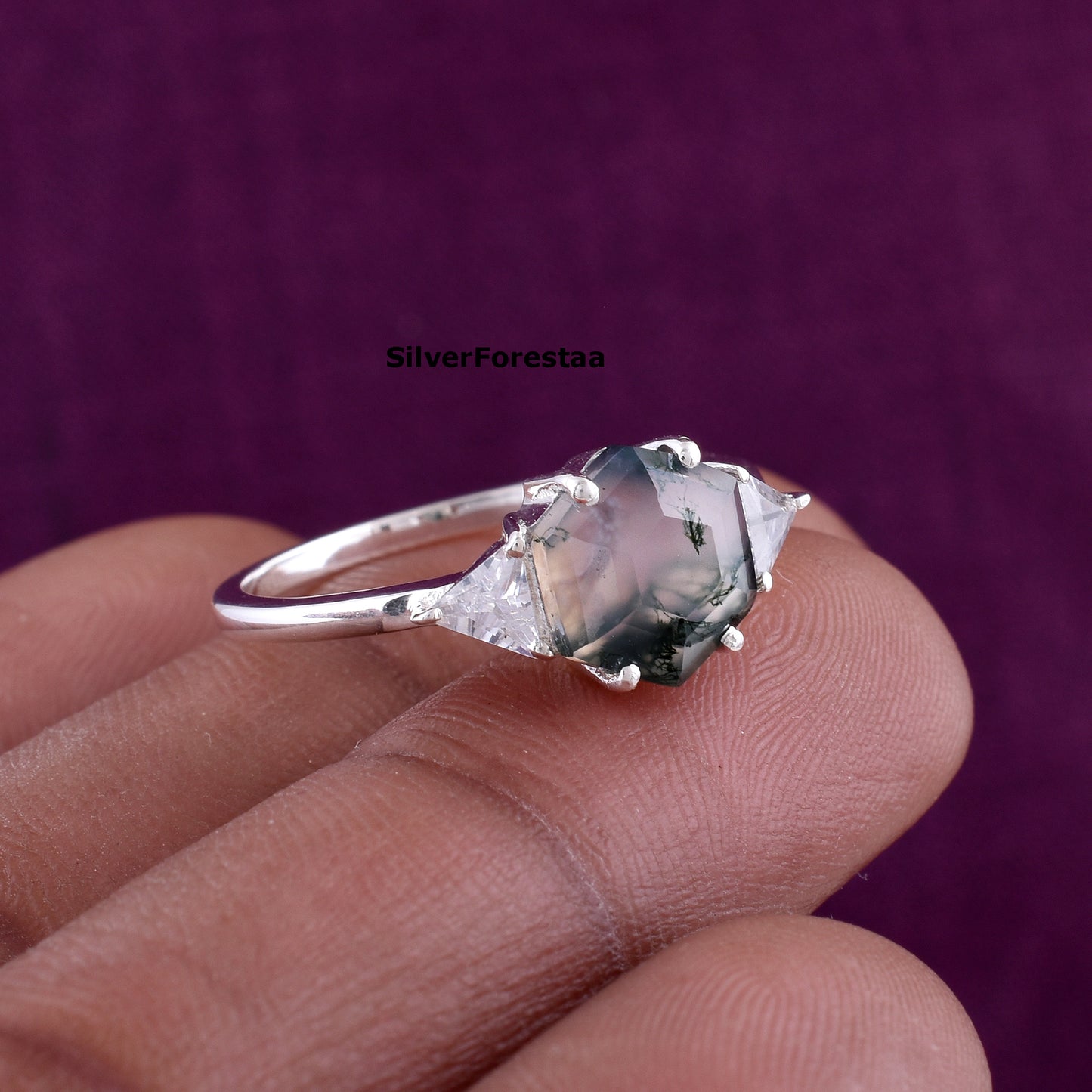 Moss Agate Gemstone Ring Handmade Boho Style