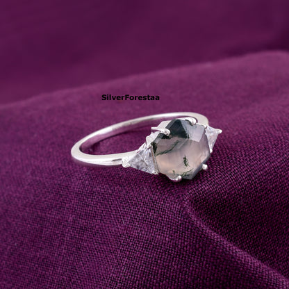 Moss Agate Gemstone Ring Handmade Boho Style