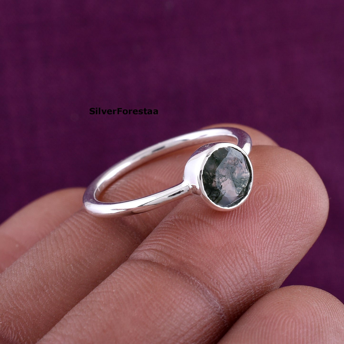 Handmade Moss Agate Ring Sterling Silver Statement