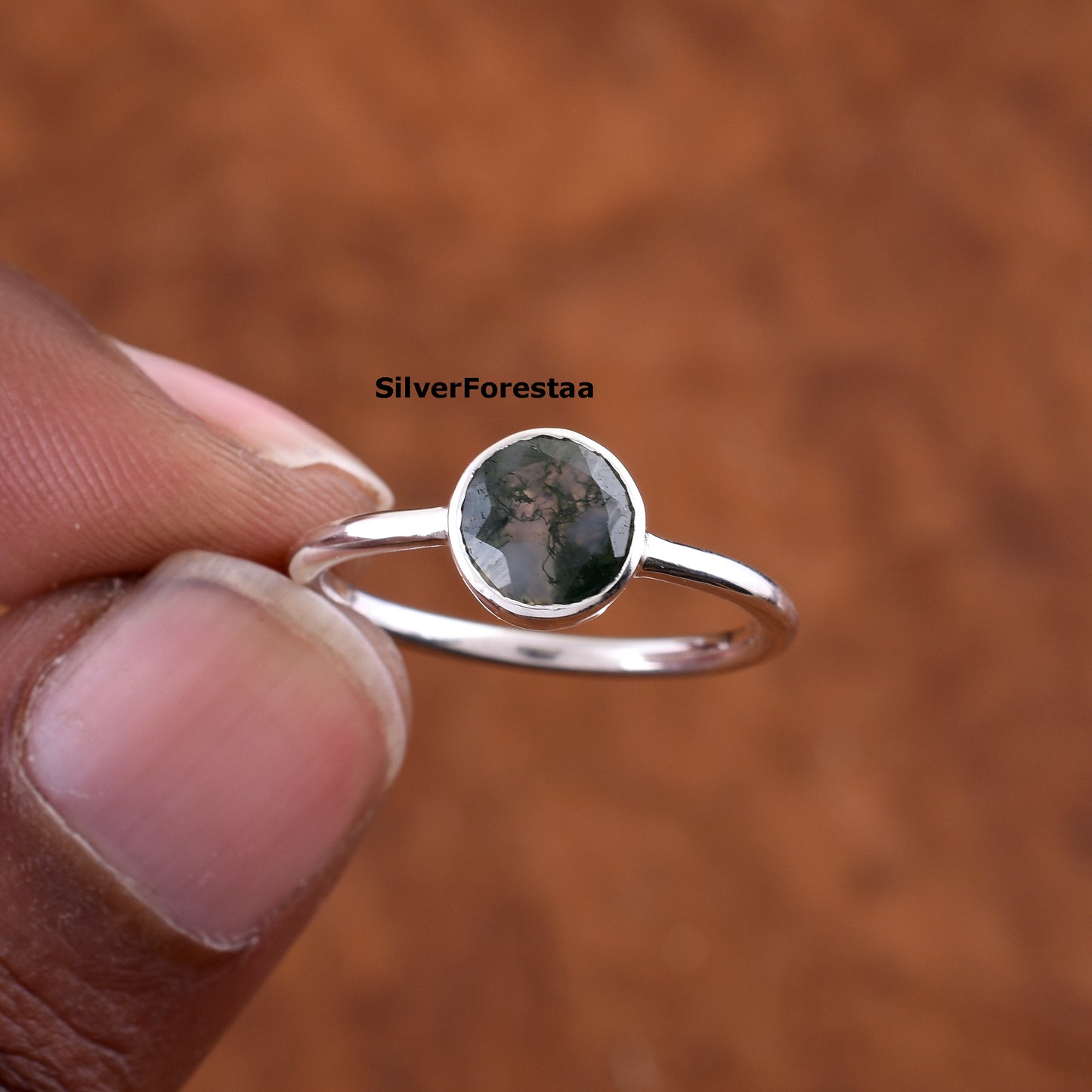 Handmade Moss Agate Ring Sterling Silver Statement