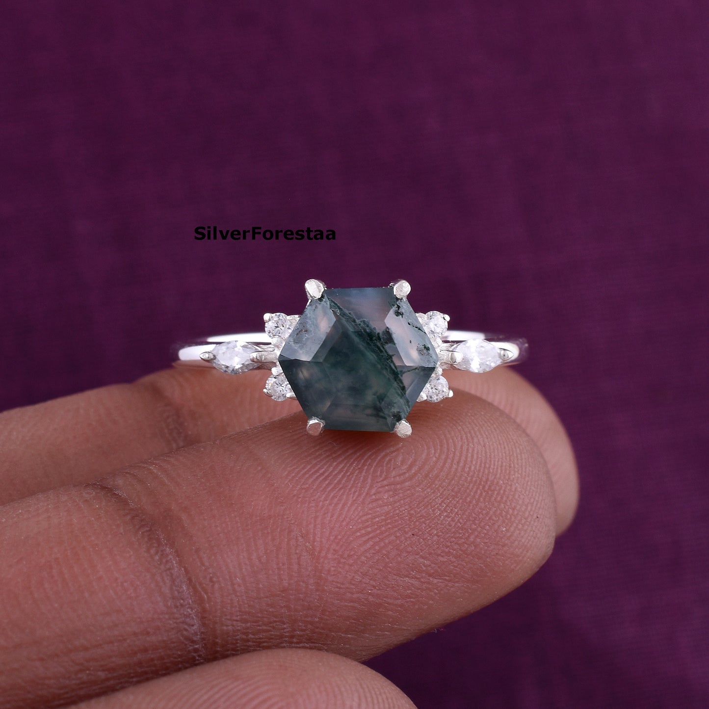 Natural Moss Agate Ring 925 Sterling Silver - Engagement Rings