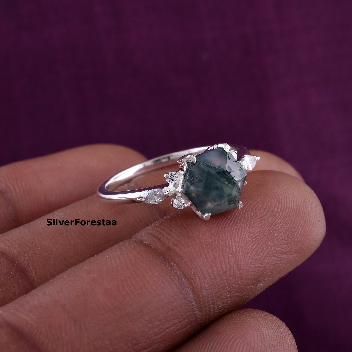 Natural Moss Agate Ring 925 Sterling Silver - Engagement Rings