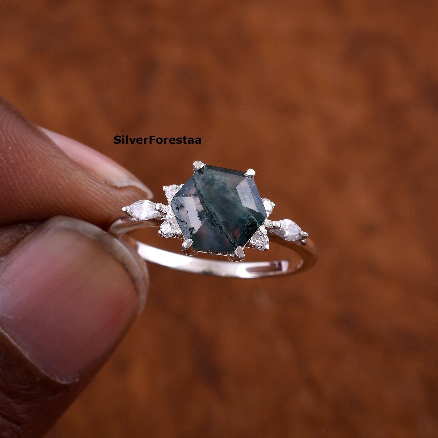Natural Moss Agate Ring 925 Sterling Silver - Engagement Rings