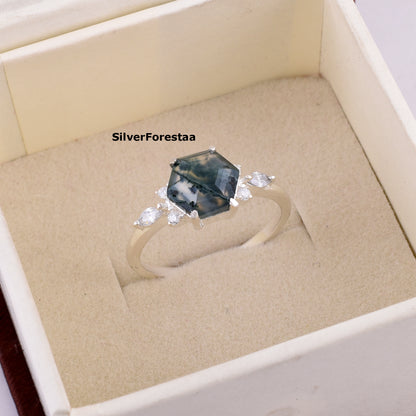 Natural Moss Agate Ring 925 Sterling Silver - Engagement Rings