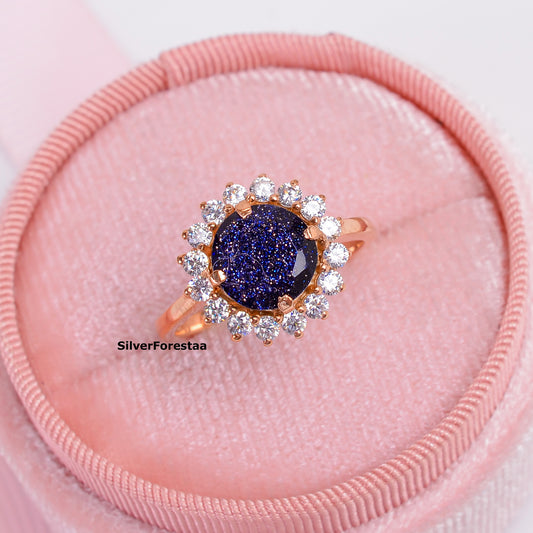 Blue Goldstone Silver Ring | Sparkling Elegance