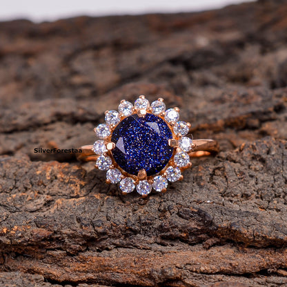 Blue Goldstone Silver Ring | Sparkling Elegance