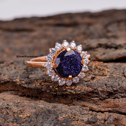 Blue Goldstone Silver Ring | Sparkling Elegance