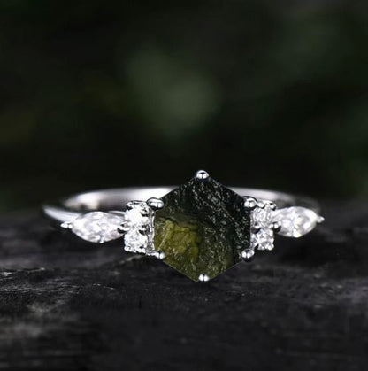 925 Silver Raw Moldavite Witchy Ring for Her - SilverForestaa