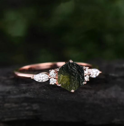 925 Silver Raw Moldavite Witchy Ring for Her - SilverForestaa